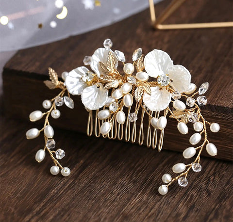 E-Gold Color Crystal Pearl Hair Comb